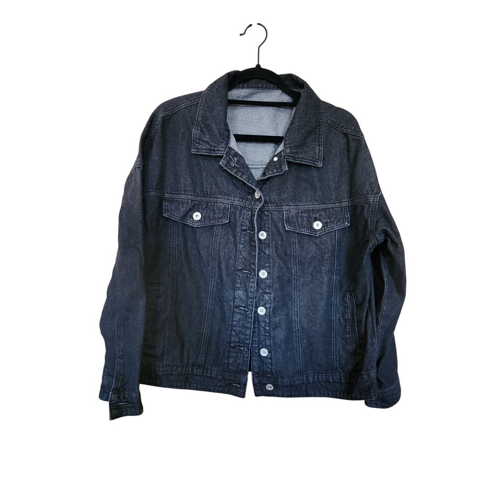 Black Denim Jacket Button-Up Casual Fit Large womens